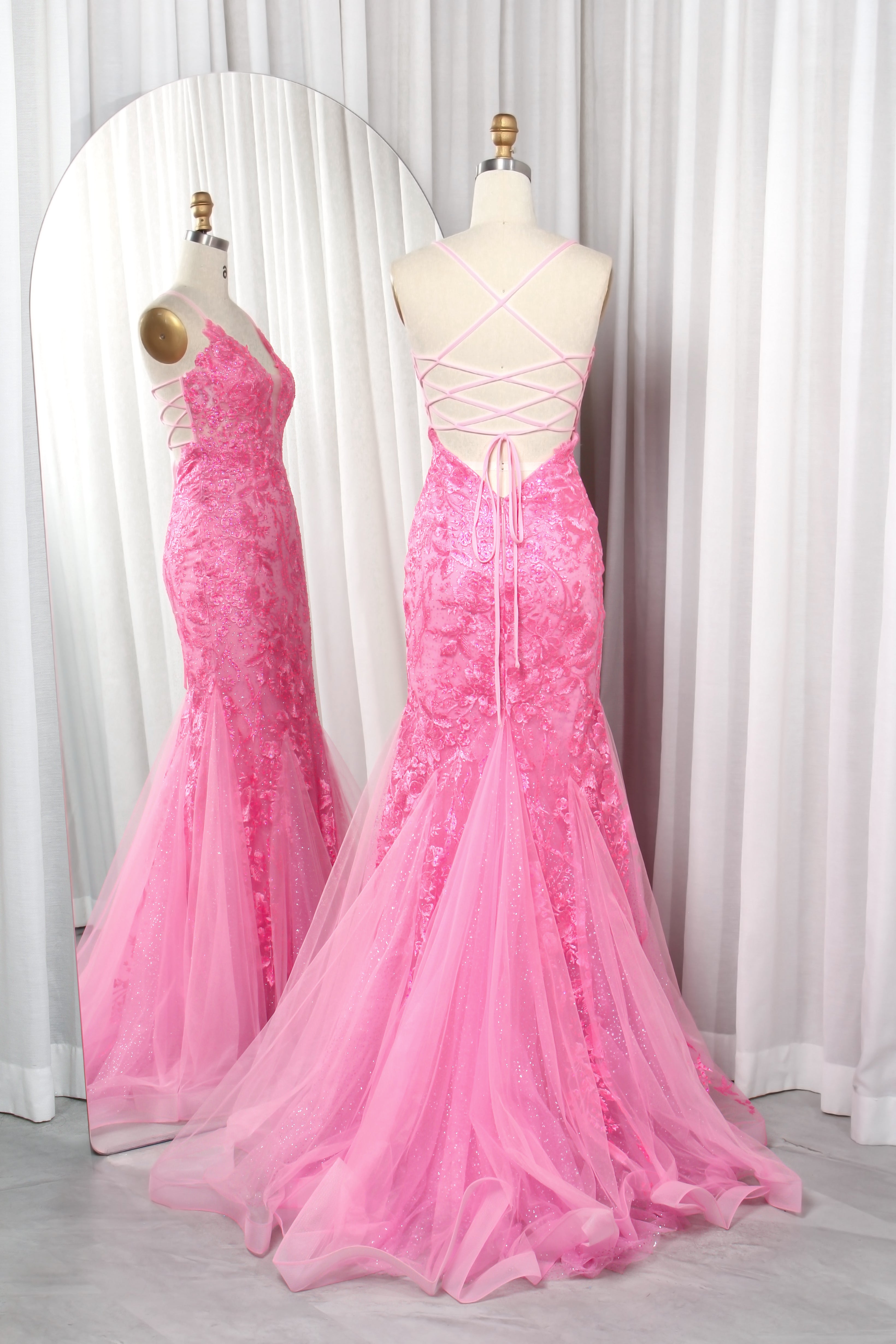 Elegant Tulle Mermaid Prom Dress with Spaghetti Straps Lace Bodice and Crisscross Back-TFB 8022