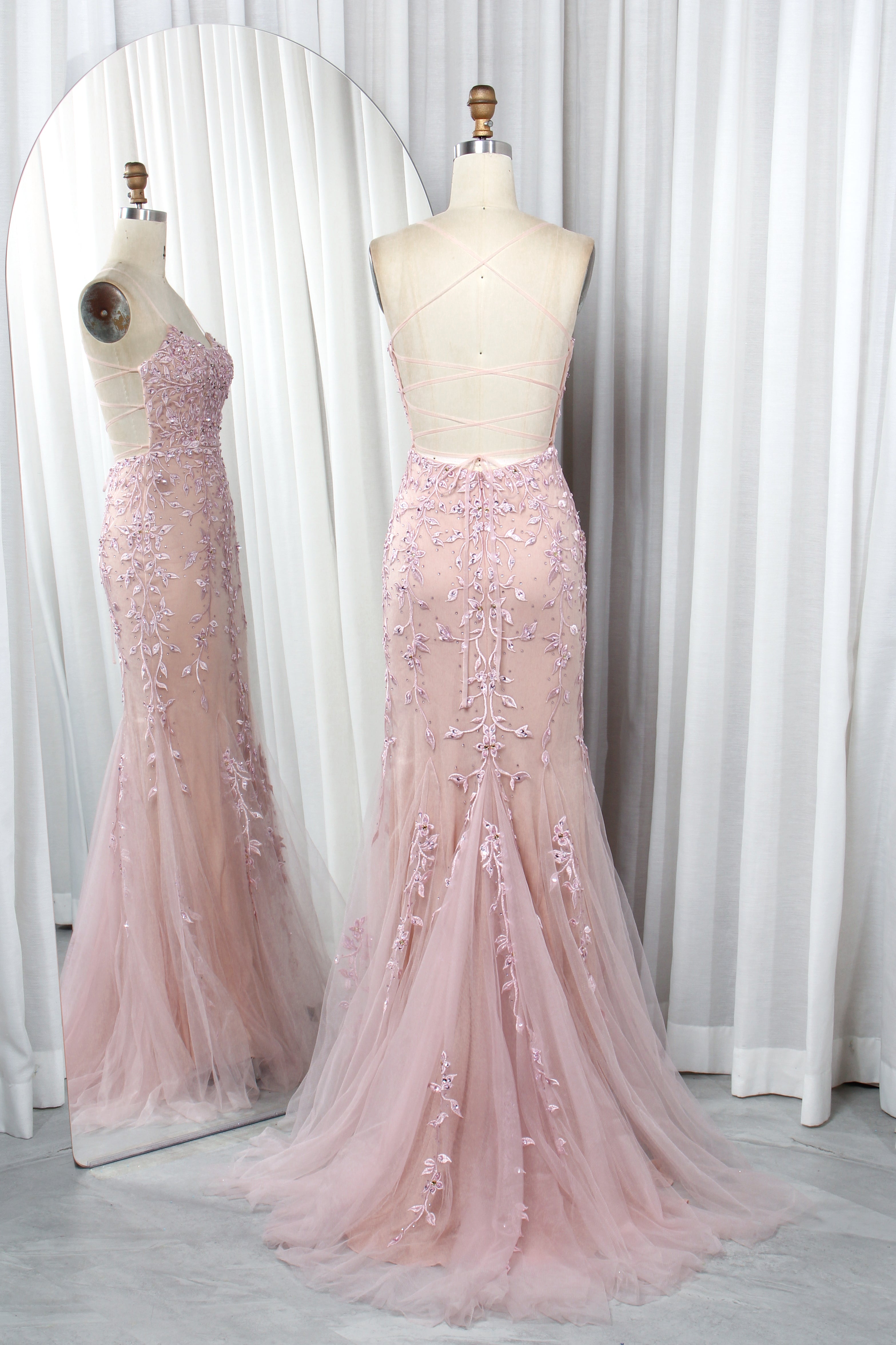Floral Embroidered Tulle Mermaid Prom Dress with Godet Skirt and Crisscross Back - TFB 8047 | blissfulprom