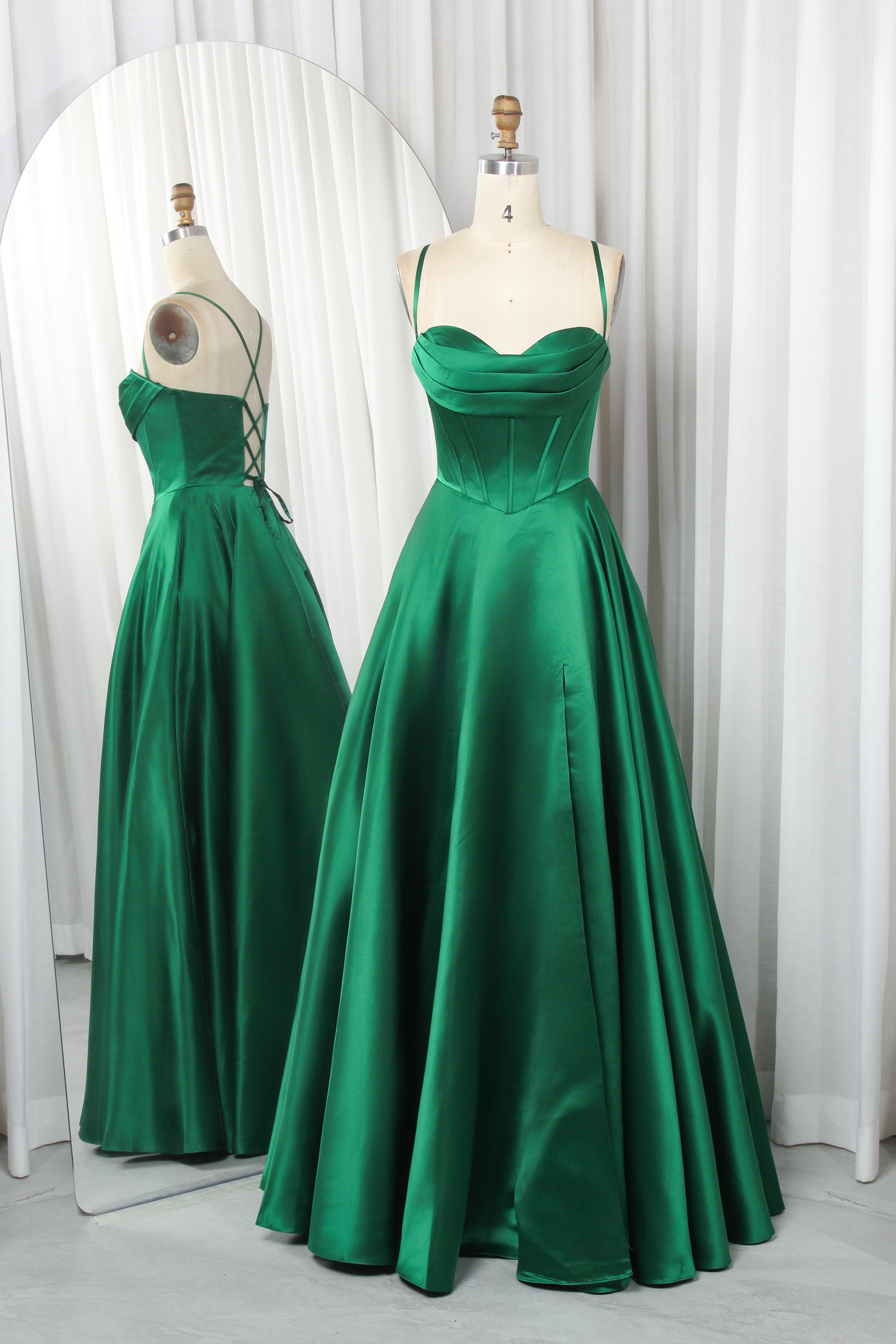 Satin Ball Gown Prom Dress - Spaghetti Straps & Lace-Up Back | Blissful Prom Emerald