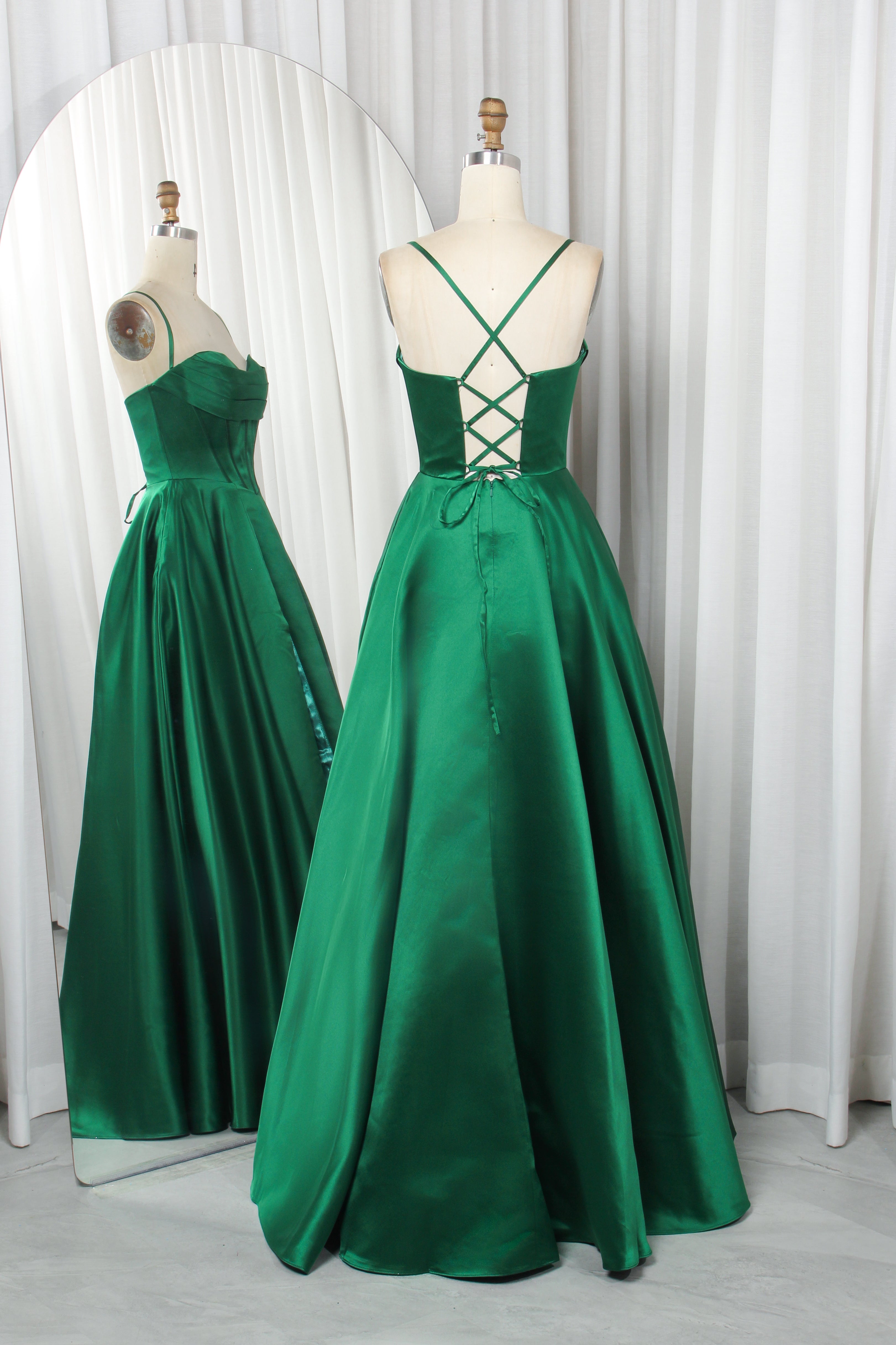 Satin Ball Gown Prom Dress - Spaghetti Straps & Lace-Up Back | Blissful Prom