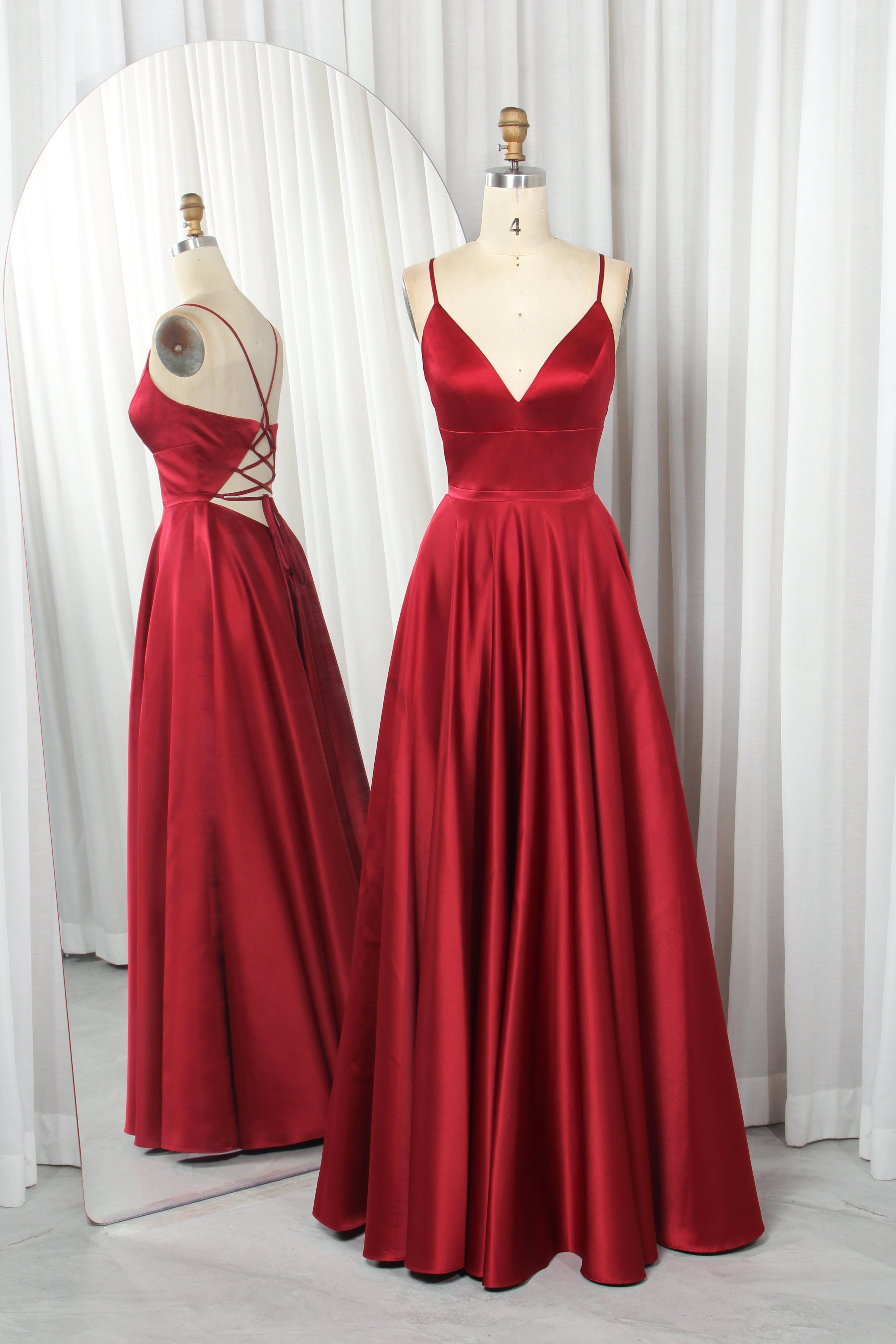 Spaghetti Strap Deep V-Neck Satin Ball Gown with Adjustable Lace-Up Back-TFB8004 Wine