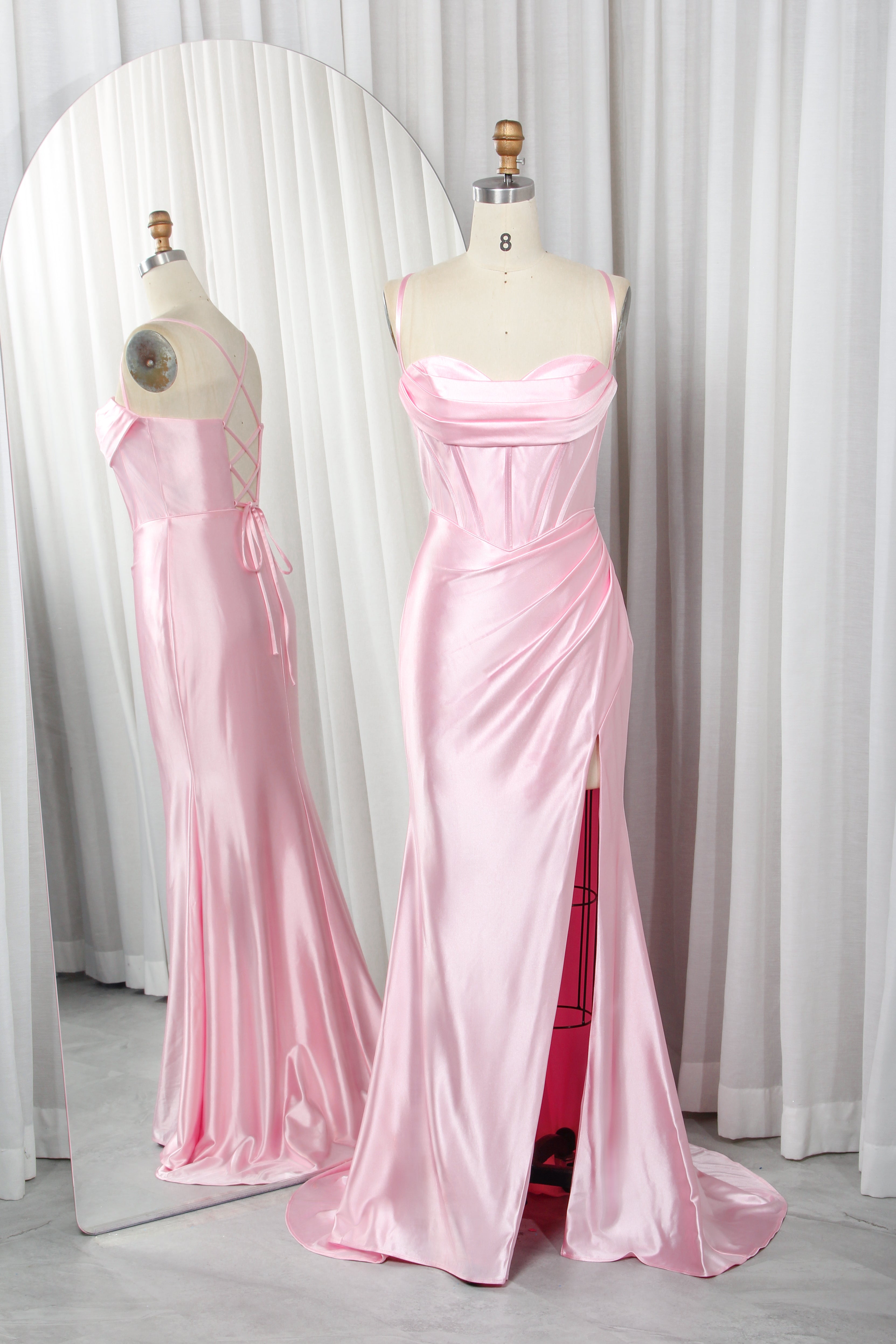 Satin Mermaid Prom Dress with Spaghetti Straps, Lace-Up Back & Side Slit -TFB8008
