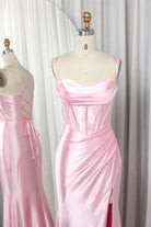 Satin Mermaid Prom Dress with Spaghetti Straps, Lace-Up Back & Side Slit -TFB8008