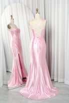 Satin Mermaid Prom Dress with Spaghetti Straps, Lace-Up Back & Side Slit -TFB8008