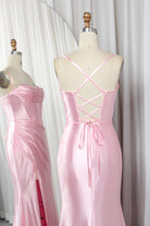 Satin Mermaid Prom Dress with Spaghetti Straps, Lace-Up Back & Side Slit -TFB8008