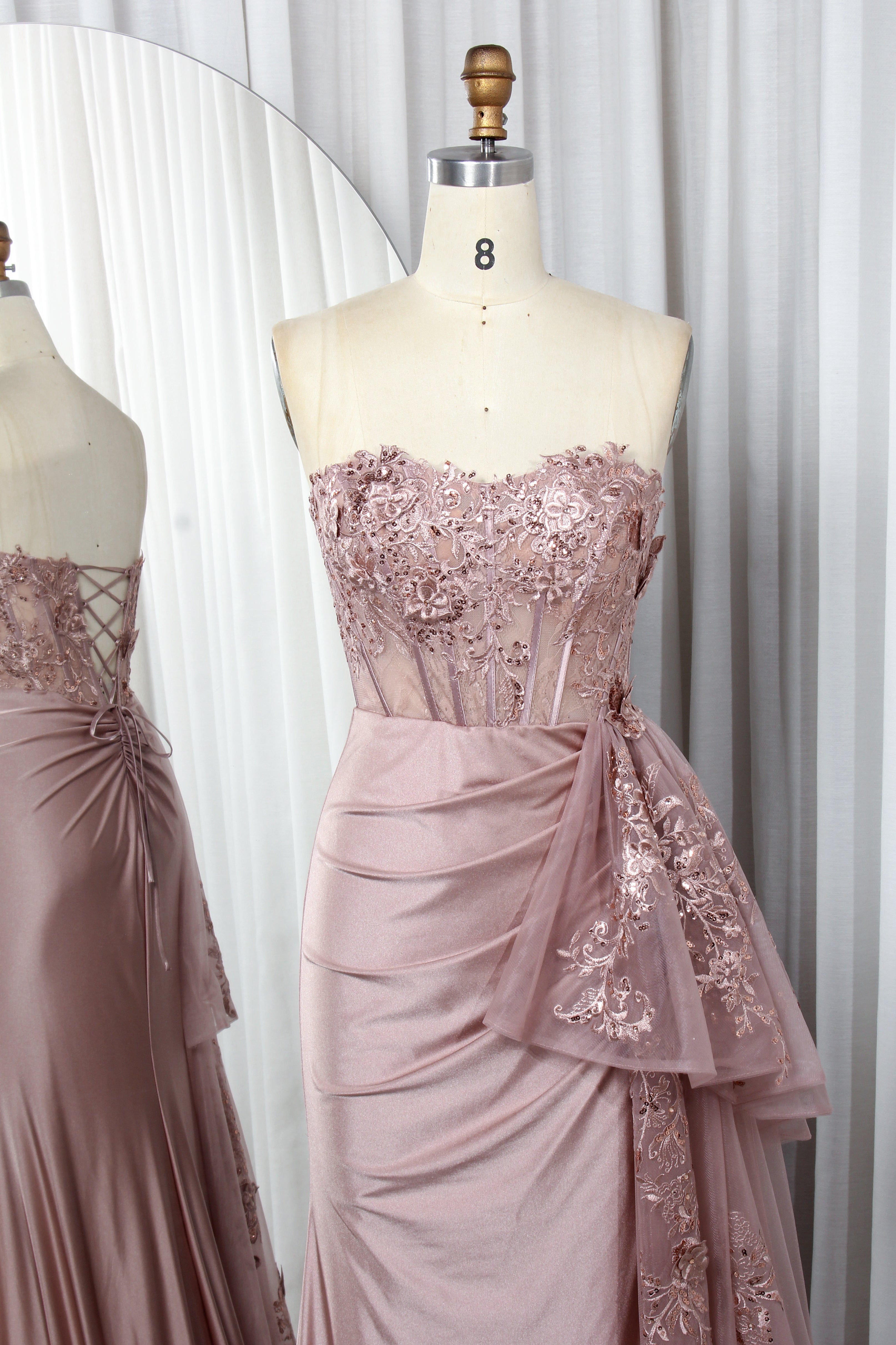 Strapless Lace Corset Satin Mermaid Prom Dress with Embroidered Tulle Train - TFB 8013 | blissfulprom