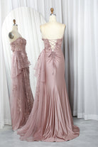 Strapless Lace Corset Satin Mermaid Prom Dress with Embroidered Tulle Train - TFB 8013 | blissfulprom