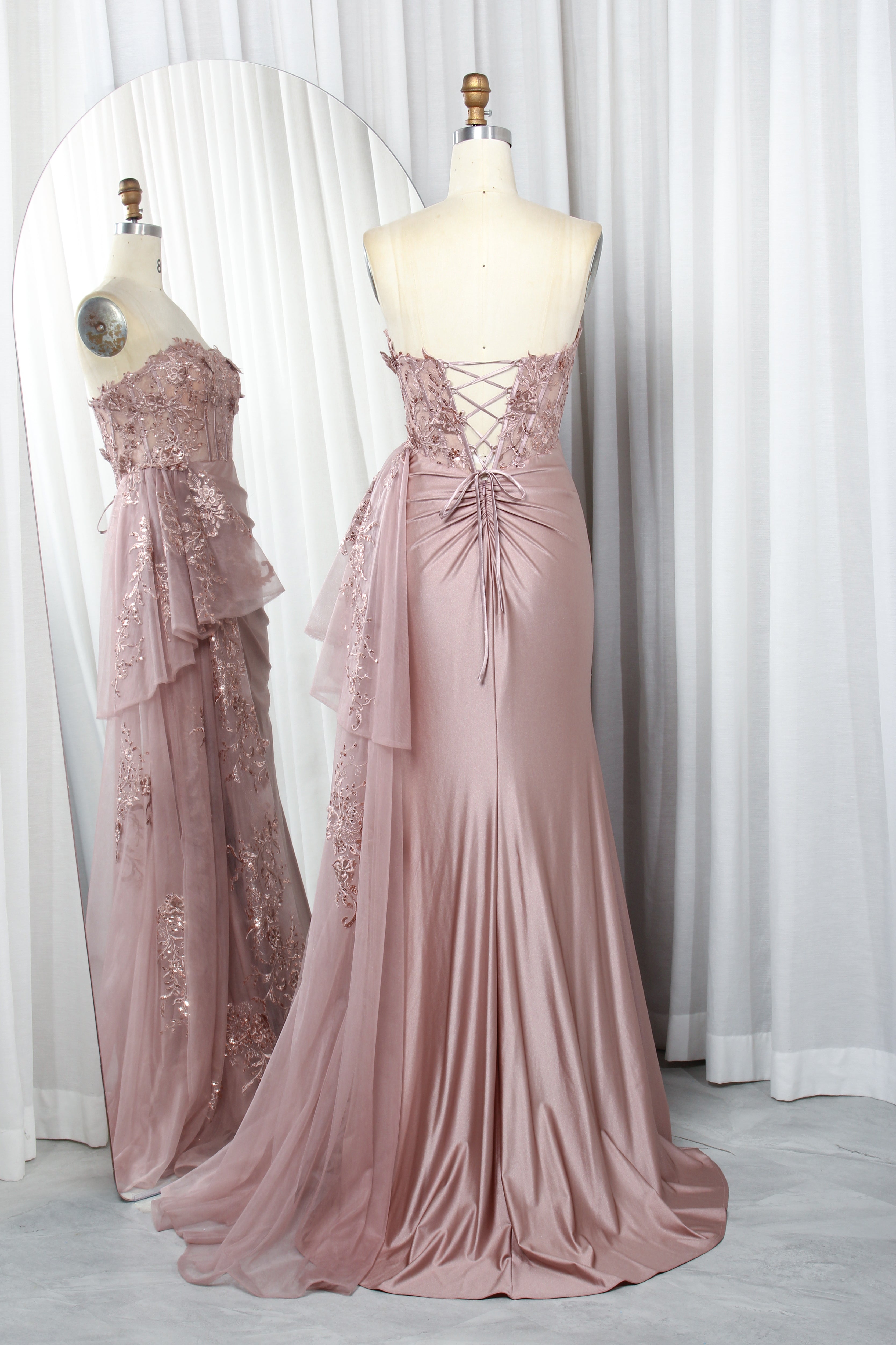 Strapless Lace Corset Satin Mermaid Prom Dress with Embroidered Tulle Train - TFB 8013 | blissfulprom
