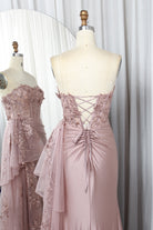 Strapless Lace Corset Satin Mermaid Prom Dress with Embroidered Tulle Train - TFB 8013 | blissfulprom