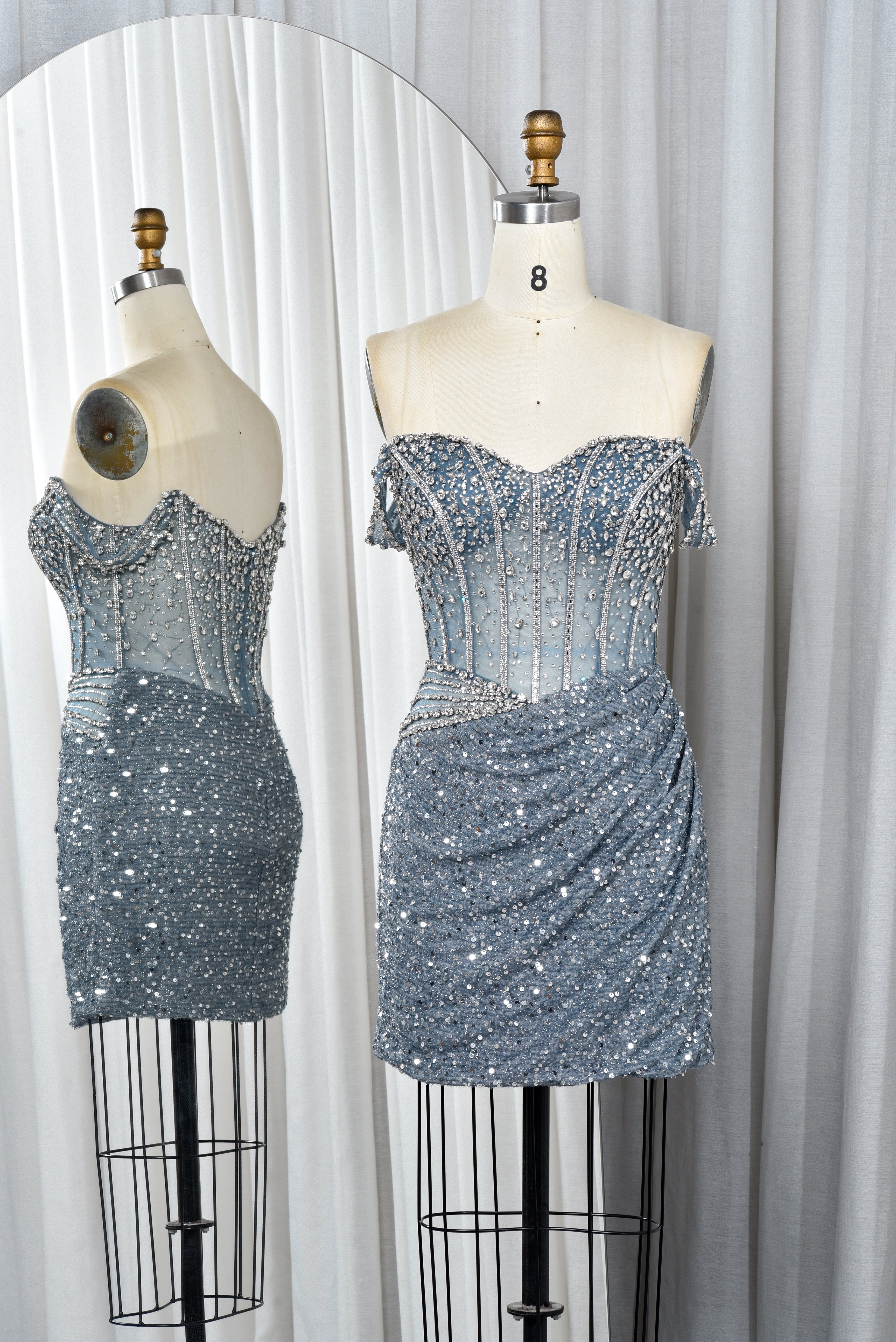 Sweetheart Neckline Beaded and Sequin Homecoming Dress-TFB5027 Dusty Blue