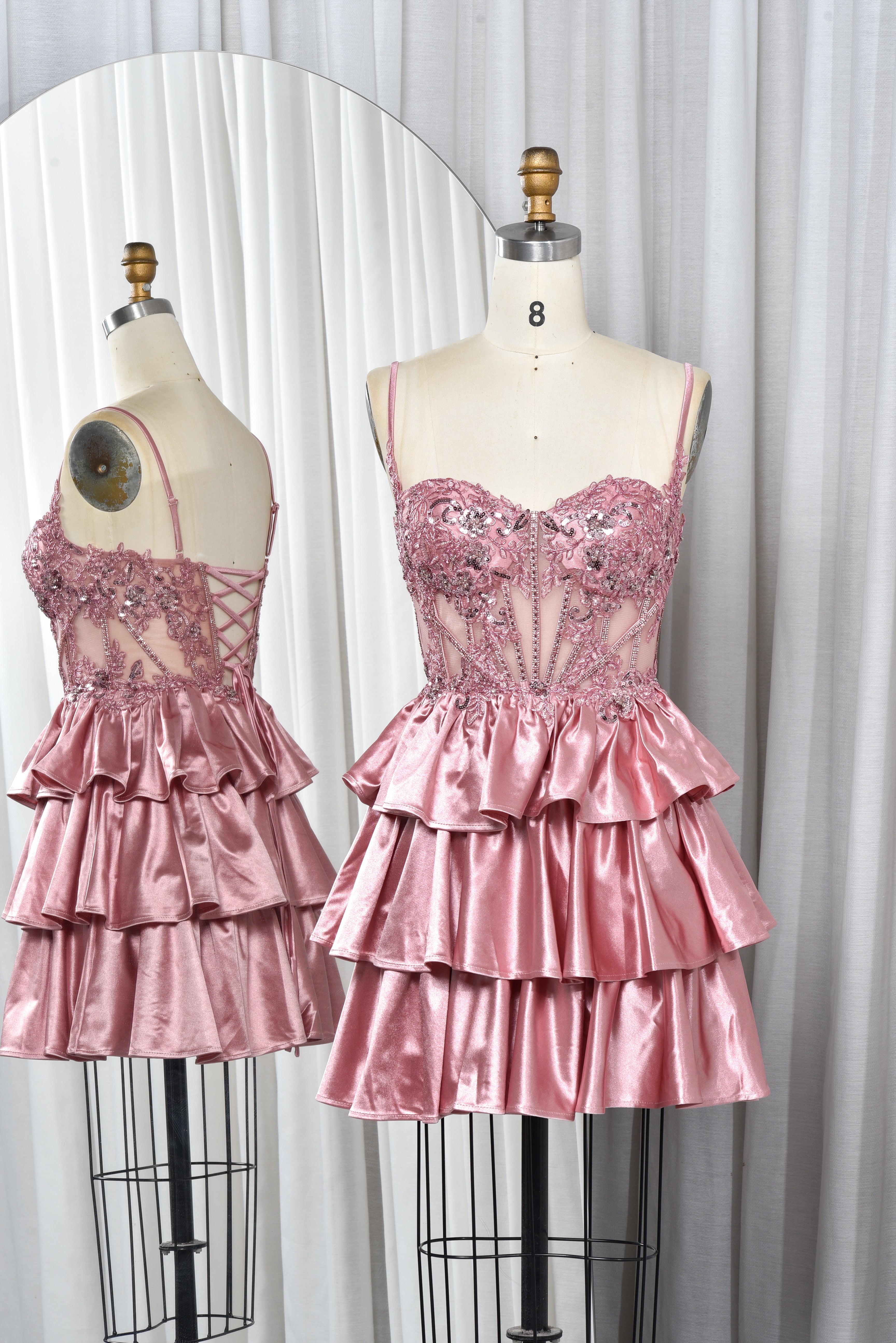 Spaghetti Strap Lace Bodice and Tiered Satin Homecoming Dress-TFB5025 Pink