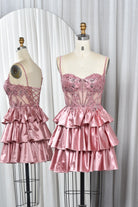 Pink sequin lace corset babydoll dress with tiered satin ruffles