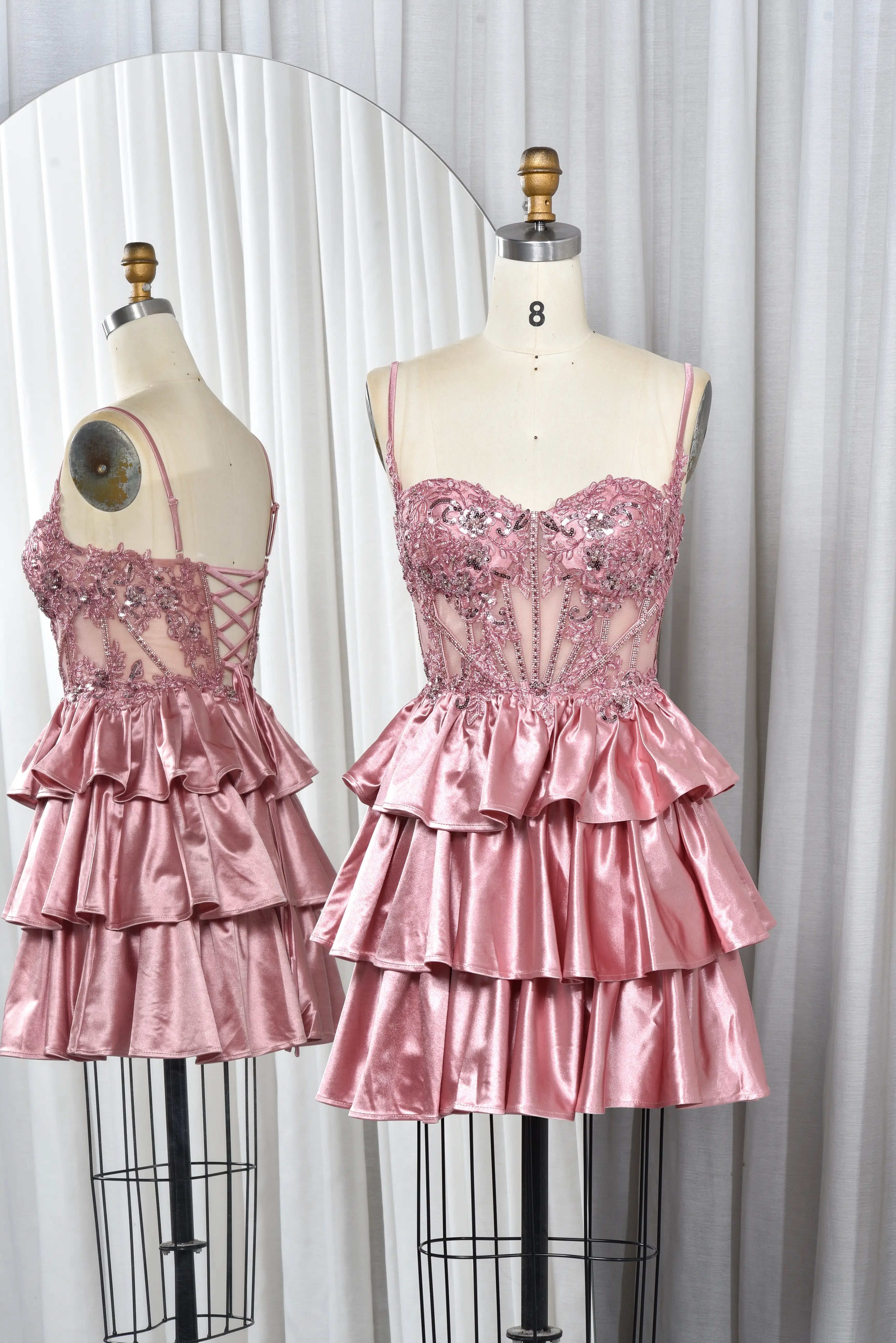 Pink sequin lace corset babydoll dress with tiered satin ruffles