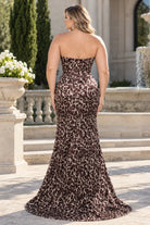 Leopard-print strapless maxi dress with open back and side slit
