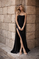 Lustrous Satin Ruched Strapless Corset Prom Dress with High Slit - TFB 8077 | blissfulprom