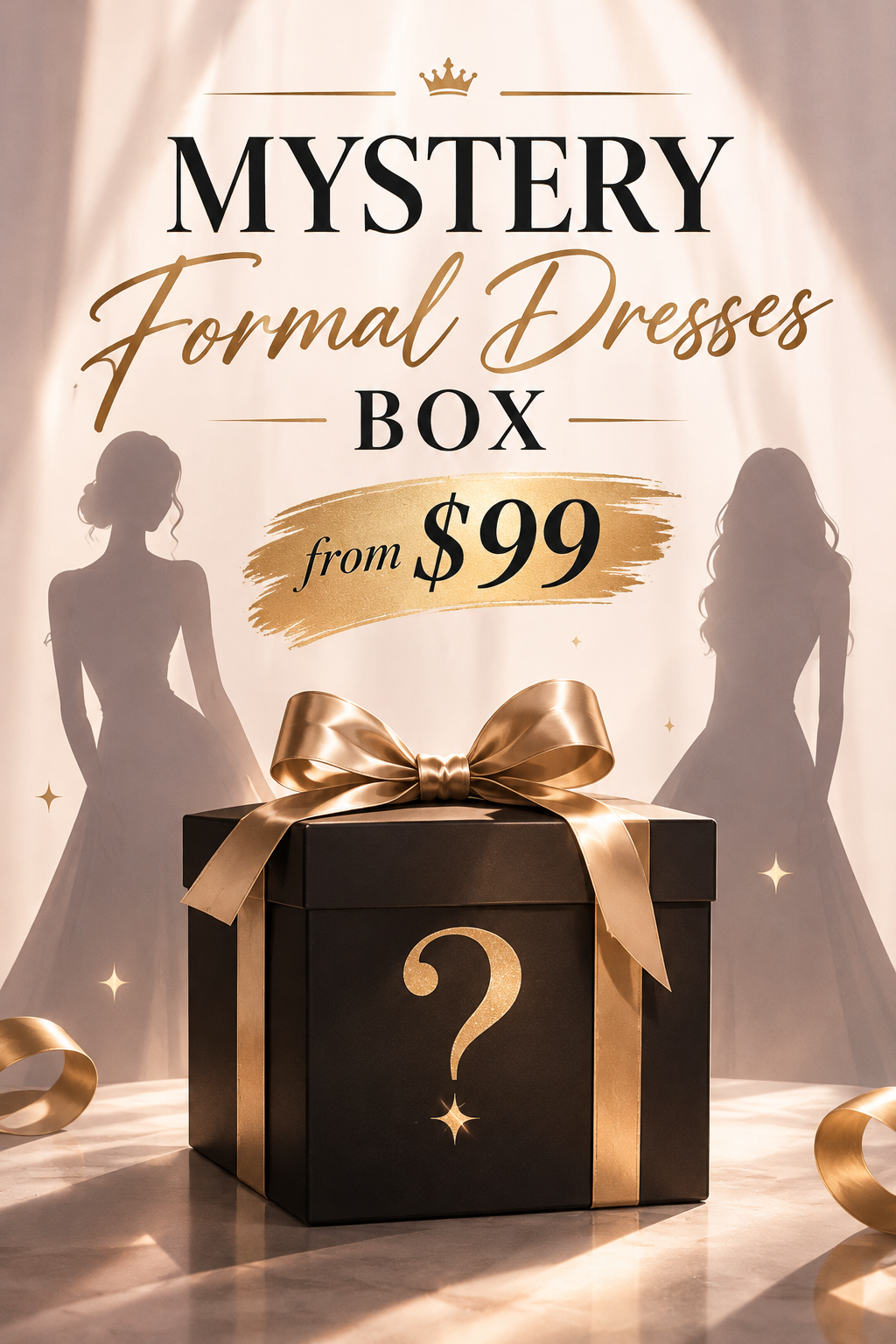 Mystery formal dress gift box with gold ribbon bow and question mark on front