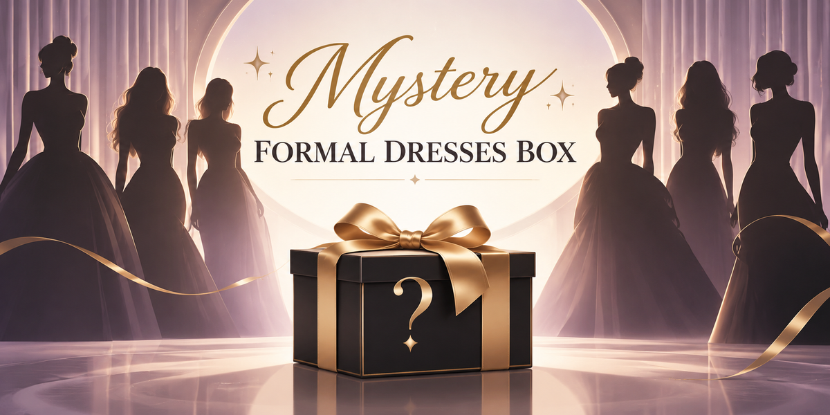 blissfulprom mystery formal dress box with a gold ribbon and question mark, framed by silhouettes of women in gowns.