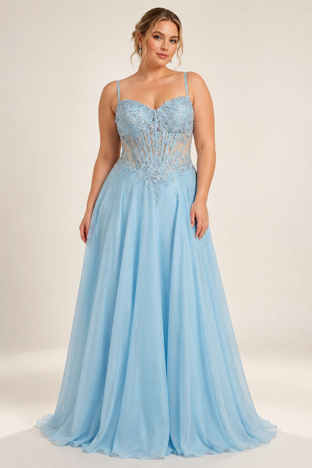 Sky blue plus-size bead-embellished bodice, V-neck tulle maxi dress