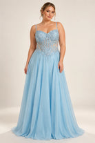 Sky blue plus-size bead-embellished bodice, V-neck tulle maxi dress