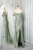 Green satin prom dress with A-line silhouette.