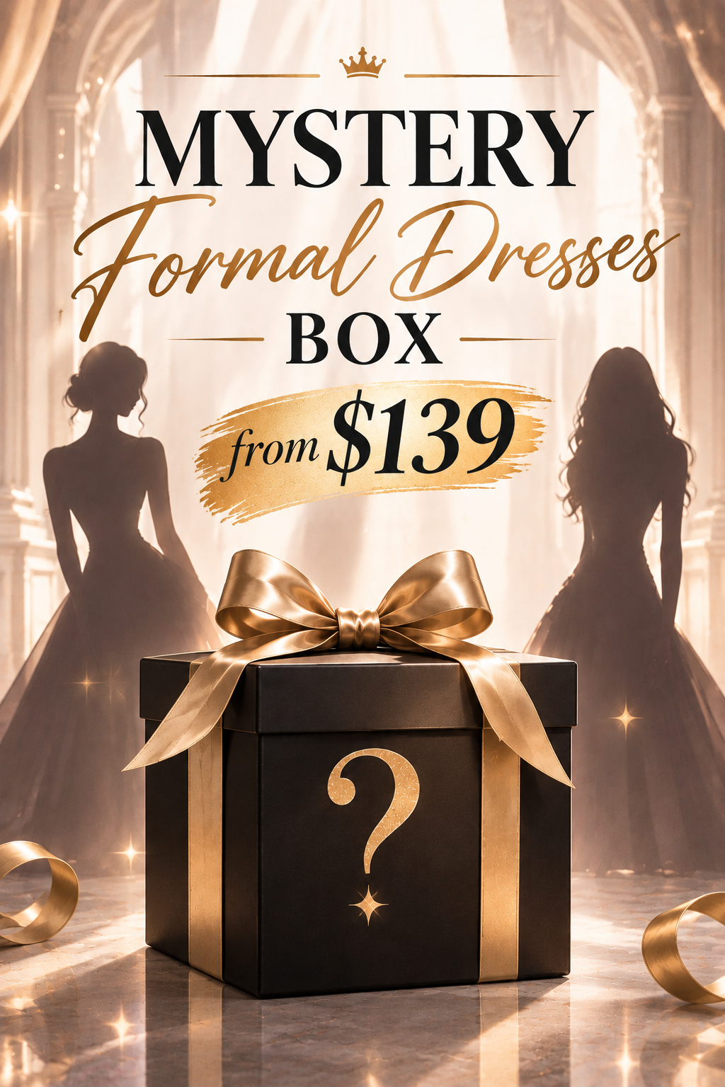 Mystery formal dress box with satin bow and gold ribbon, black gift package