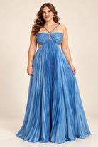 Blue plus-size maxi dress with ruched sweetheart bodice and thin tie shoulder straps