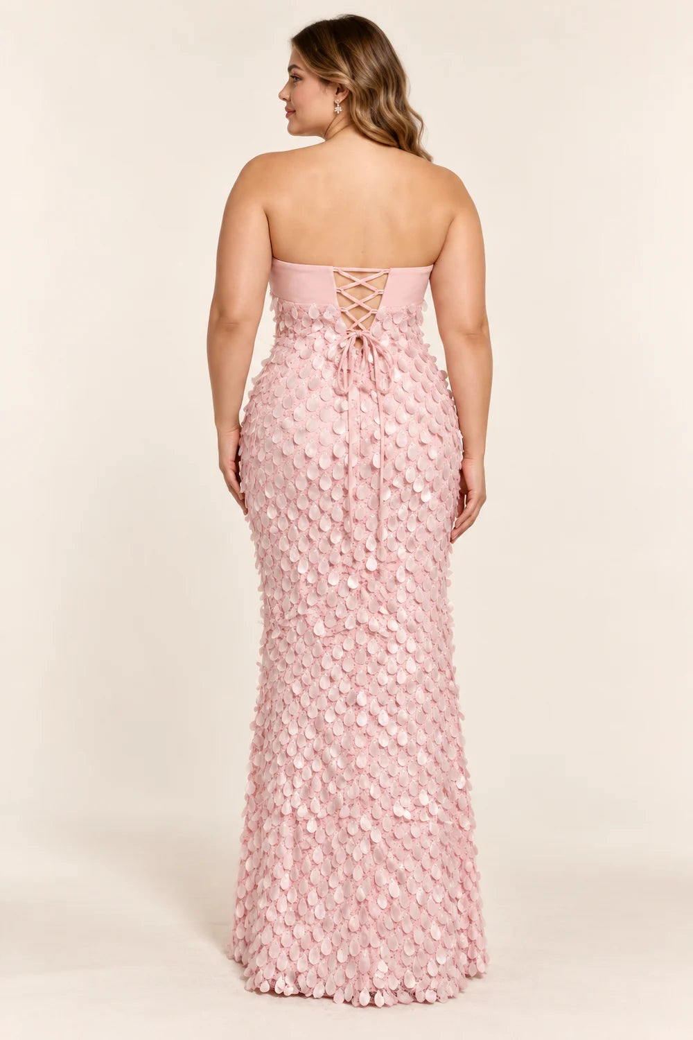 Plus-size pink sequin evening dress with back lace-up detail