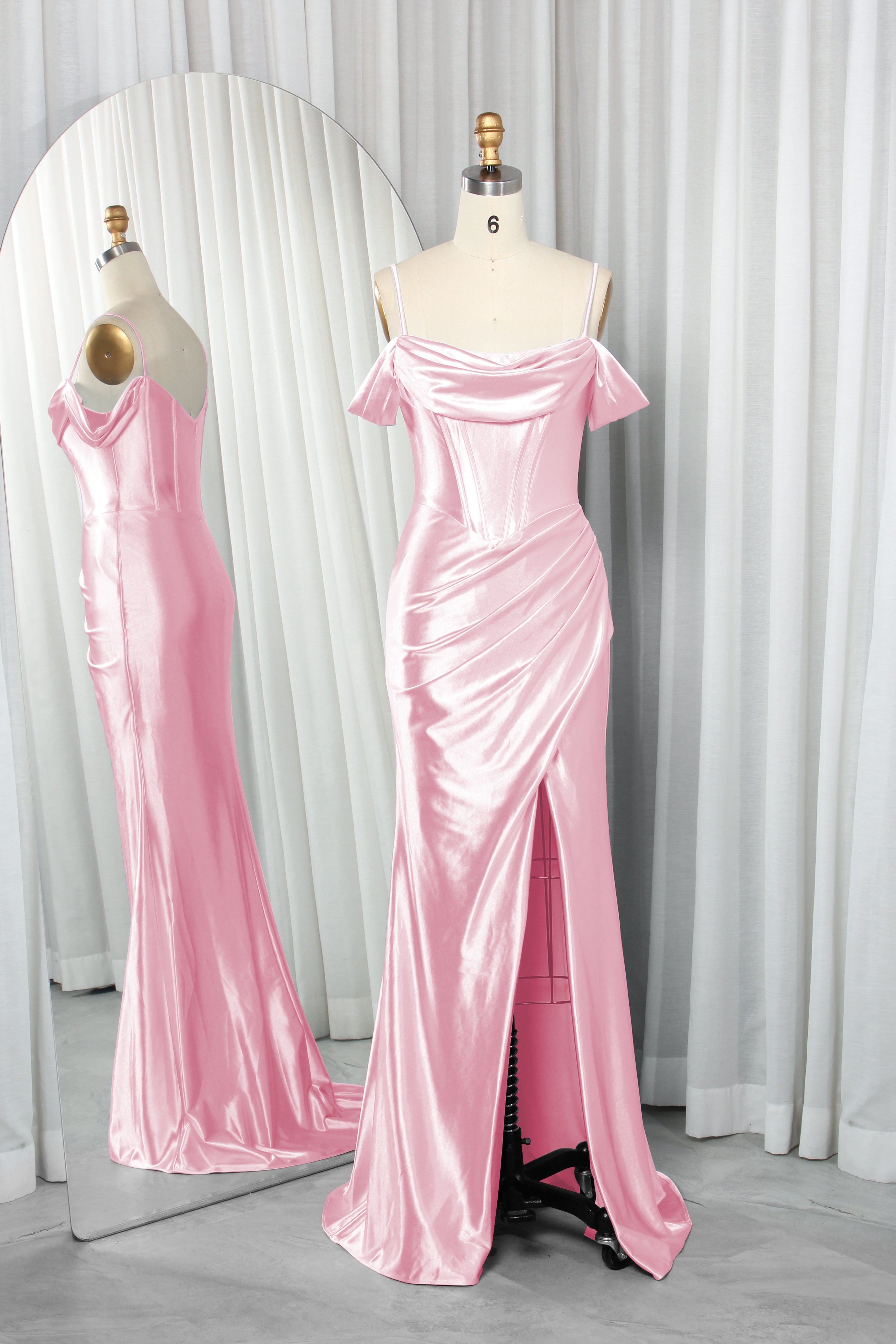 Off-Shoulder Satin Mermaid Dress with Cowl Neck and Dramatic Side Slit-TFB8027 Pink