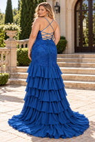 Plus size royal blue sequin backless dress with crisscross straps and tiered ruffles