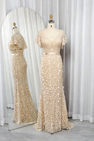Champagne V-neck mermaid formal dress with 3D floral appliques and short ruffle sleeves