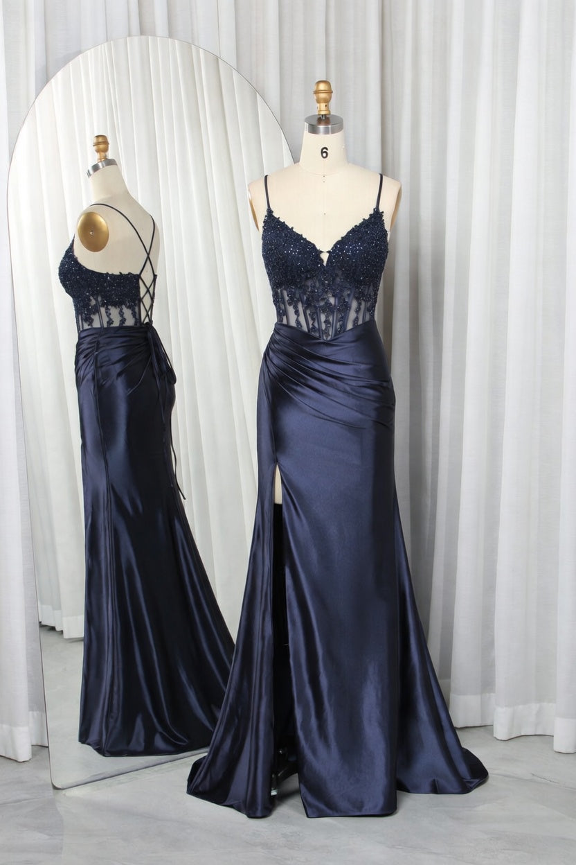 Sheer Lace Corset Satin Mermaid Prom Dress with Crisscross Back TFB 8020 | blissfulprom