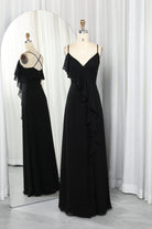 Black chiffon A-line gown with V-neck, thin straps, and asymmetrical cascading ruffle detail