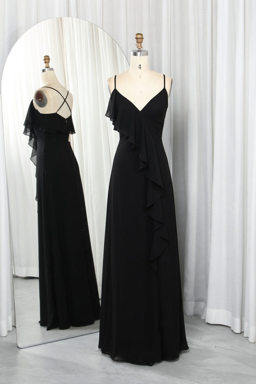 Black chiffon A-line gown with V-neck, thin straps, and asymmetrical cascading ruffle detail