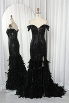 Black off-shoulder sequin mermaid prom dress with feathered flared hem