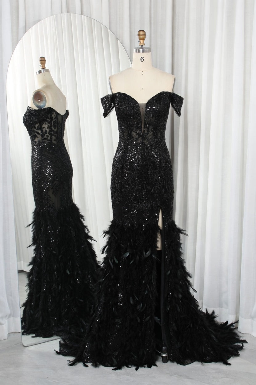 Black off-shoulder sequin mermaid prom dress with feathered flared hem