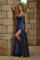 Satin cowl neck prom dress, dark navy A-line with tie straps and high slit