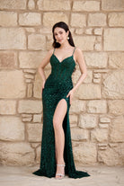 Emerald sequin corset slit gown with beaded shimmer, thin straps, sweetheart neckline