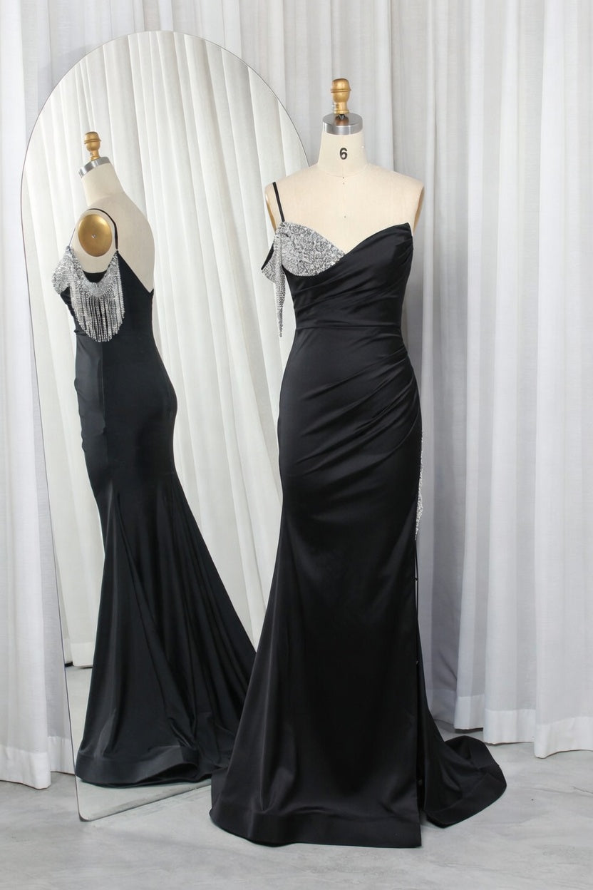 Asymmetric One-Shoulder Satin Mermaid Prom Dress with Rhinestone Fringe TFB 8018 | blissfulprom
