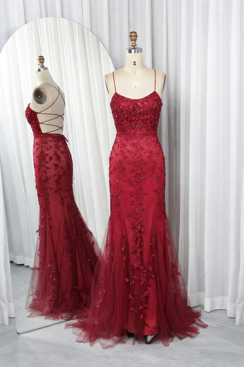 Floral Embroidered Tulle Mermaid Prom Dress with Godet Skirt and Crisscross Back - TFB 8047 | blissfulprom