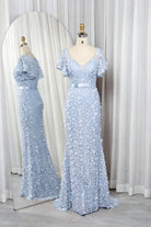 Sky blue V-neck mermaid formal dress with 3D floral appliques and short ruffle sleeves