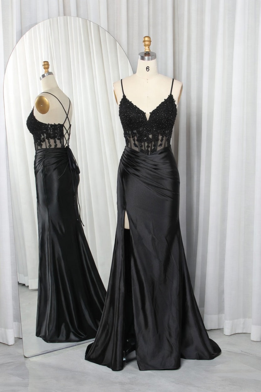 Sheer Lace Corset Satin Mermaid Prom Dress with Crisscross Back TFB 8020 | blissfulprom