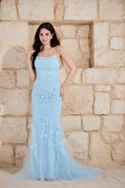 Sky blue floral lace tulle mermaid prom gown, spaghetti straps, appliqué detail