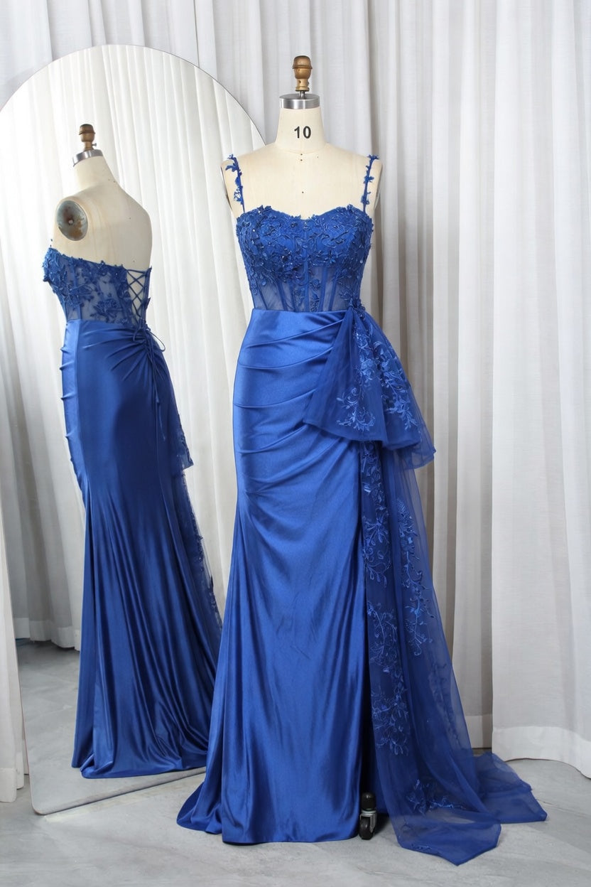 Strapless Lace Corset Satin Mermaid Prom Dress with Embroidered Tulle Train - TFB 8013 | blissfulprom