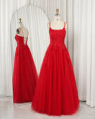 Red A-line prom dress with double spaghetti straps and beaded lace bodice, tulle skirt