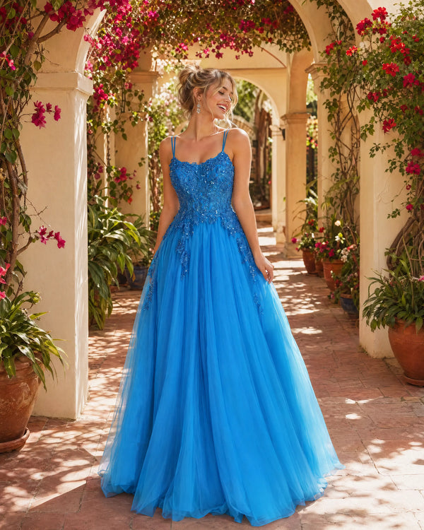 Doppeltes Spaghettiträger Perlen Spitzenapplikation A-Linie Abschlussballkleid TFB 5029 | blissfulprom