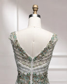 Beaded mermaid dress back with sheer mesh straps, sage and silver bead embroidery