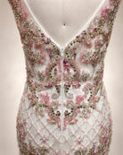Beaded illusion neckline bodice with pink and silver floral embroidery