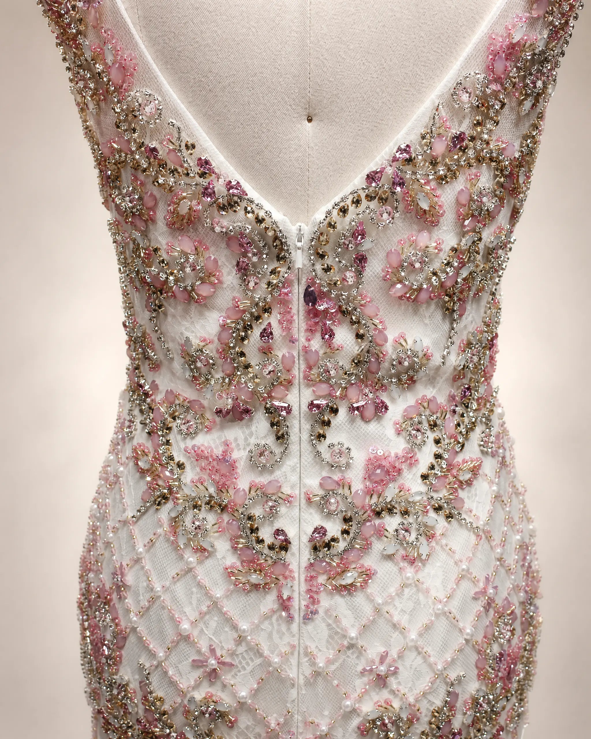 Beaded illusion neckline bodice with pink and silver floral embroidery
