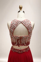 Open-back red chiffon mother-of-the-bride dress with embroidered lace-up back
