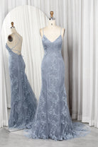 Light blue lace applique tulle mermaid prom gown, V-neck spaghetti straps